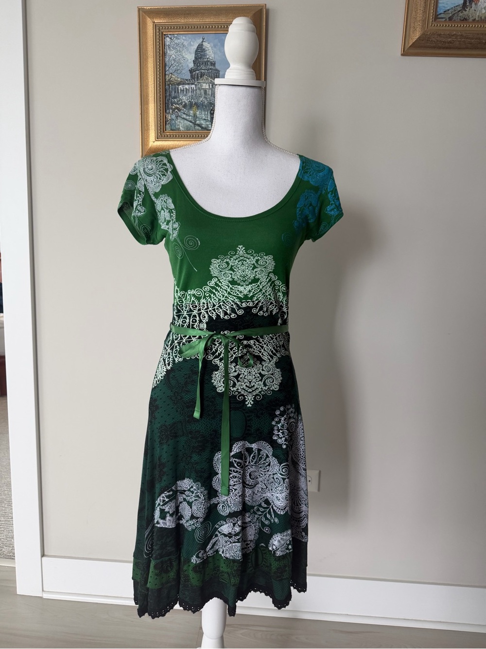 Desigual Green Floral Fit-and-Flare Dress with Blue Accent